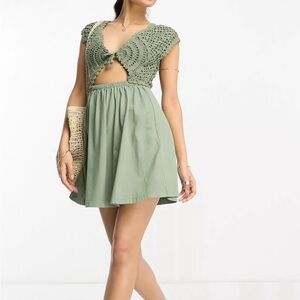 ASOS Petite Sage Green Crochet Tie Cover-Up Mini Dress - Size 4